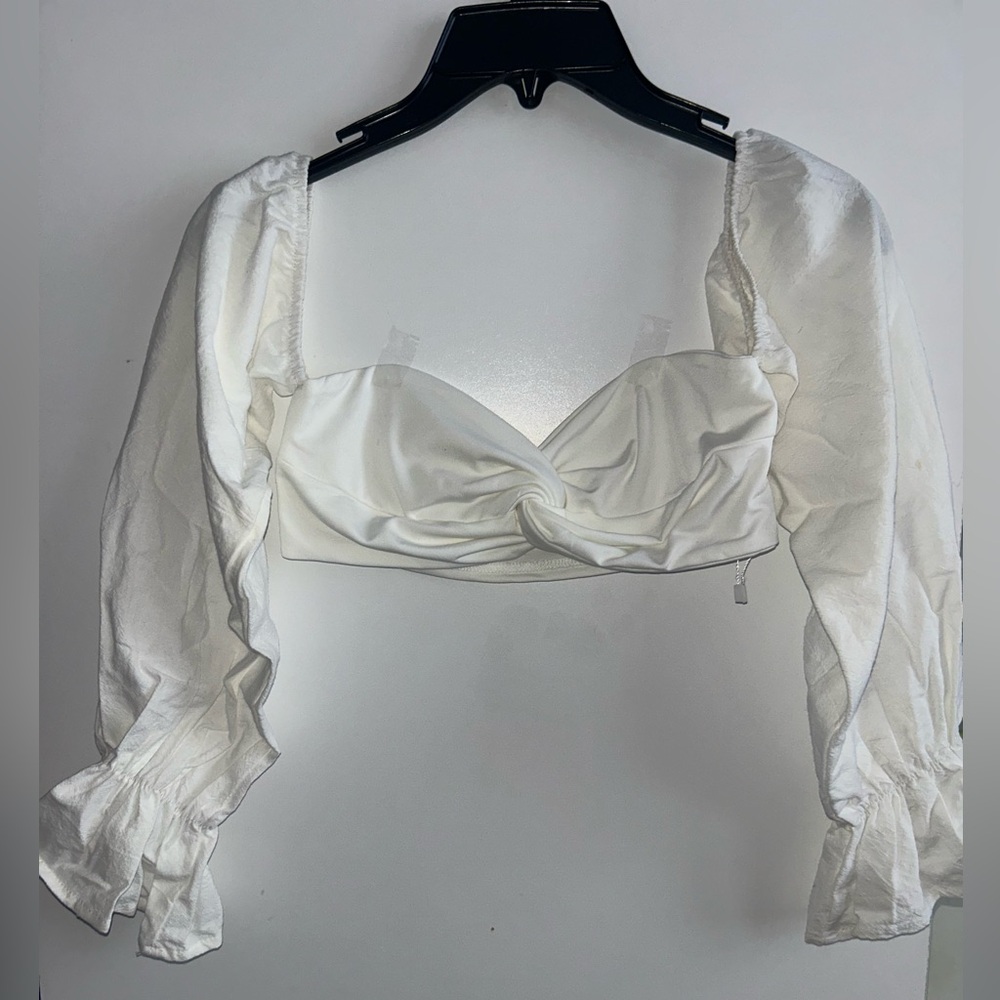 SHEIN SYX Off Shoulder Flounce Sleeve Twist Front Crop Top